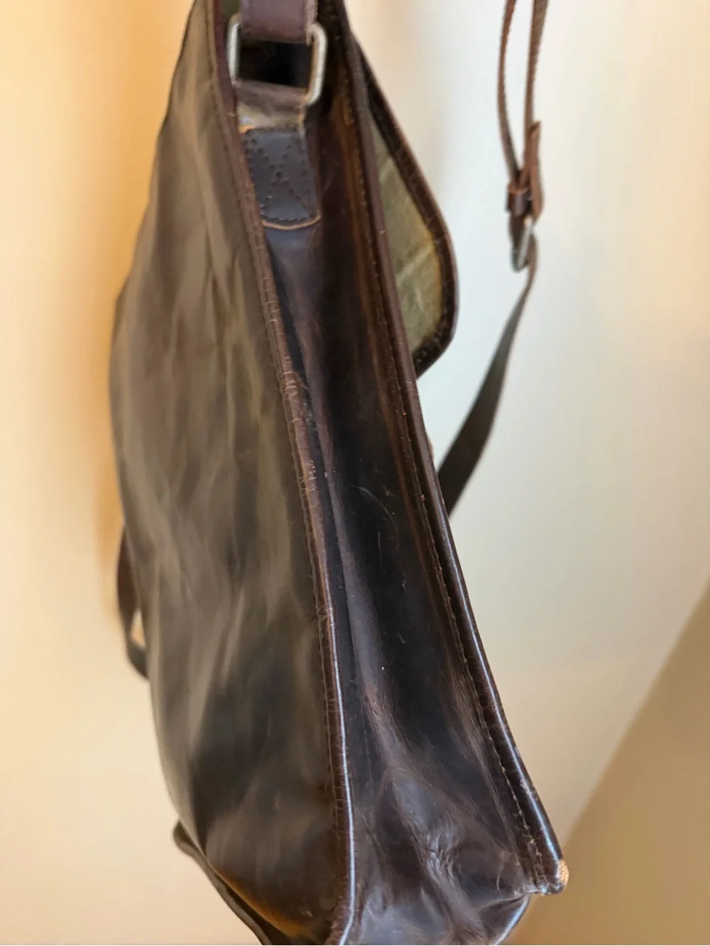 Vtg Waxed Leather Messenger Bag Crossbody Green Canvas Interior Brass Hardware